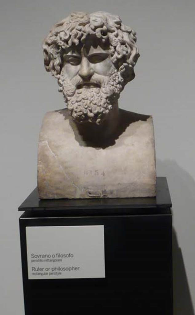 Villa dei Papiri, Herculaneum. Marble herm of a ruler or Cynical philosopher.
Found in 1757, north side of the pond.
Now in Naples Archaeological Museum. Inventory number 6154.
Photo courtesy of Buzz Ferebee.